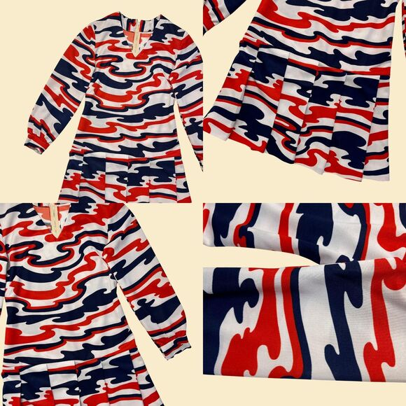 Vintage 70s abstract dress, 29" waist handmade 1970s red/white/blue midi dress - Picture 2 of 8